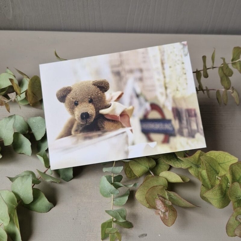 Postkarte mit Teddybär vor nostalgischer Kulisse, umgeben von Eukalyptusblättern auf grauer Oberfläche.