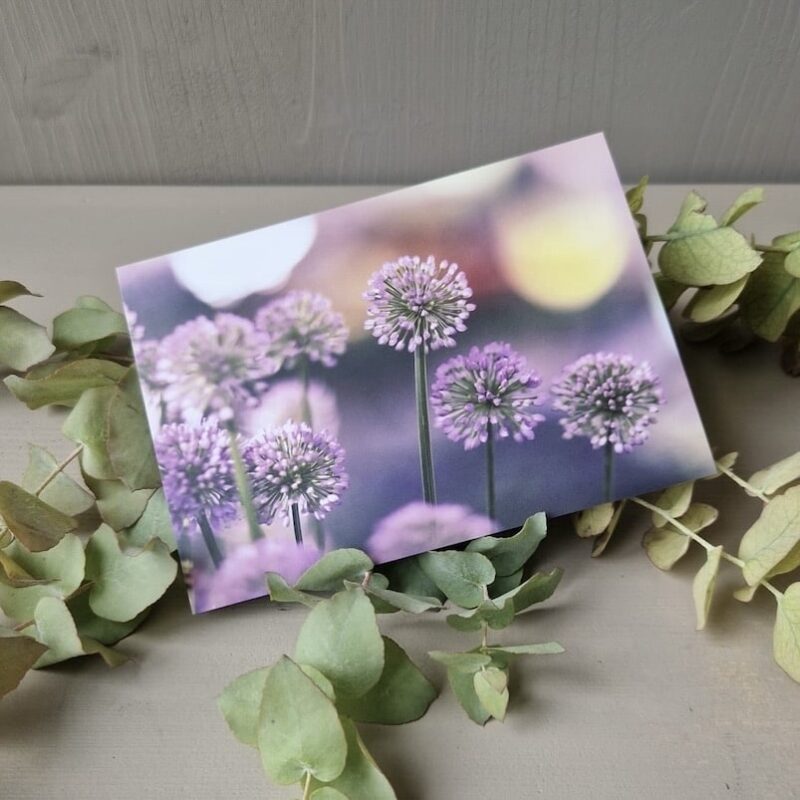Lila Blüten auf Postkarte, umgeben von Eukalyptusblättern auf Holzuntergrund, stimmungsvolle Naturdekoration.