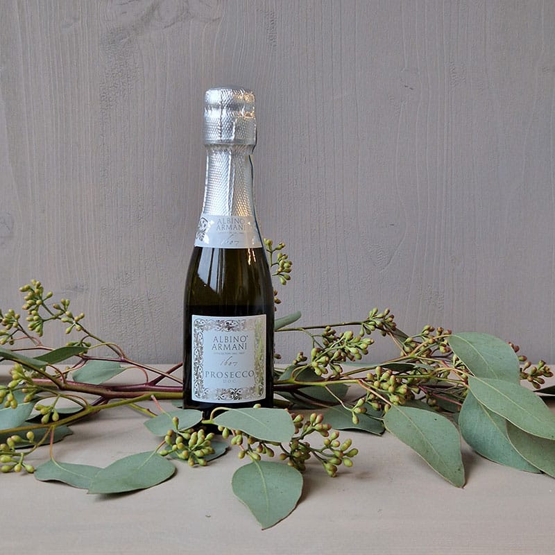 Mini-Prosecco-Flasche von Albino Armani, umgeben von grünen Zweigen vor einem minimalistischen Hintergrund.
